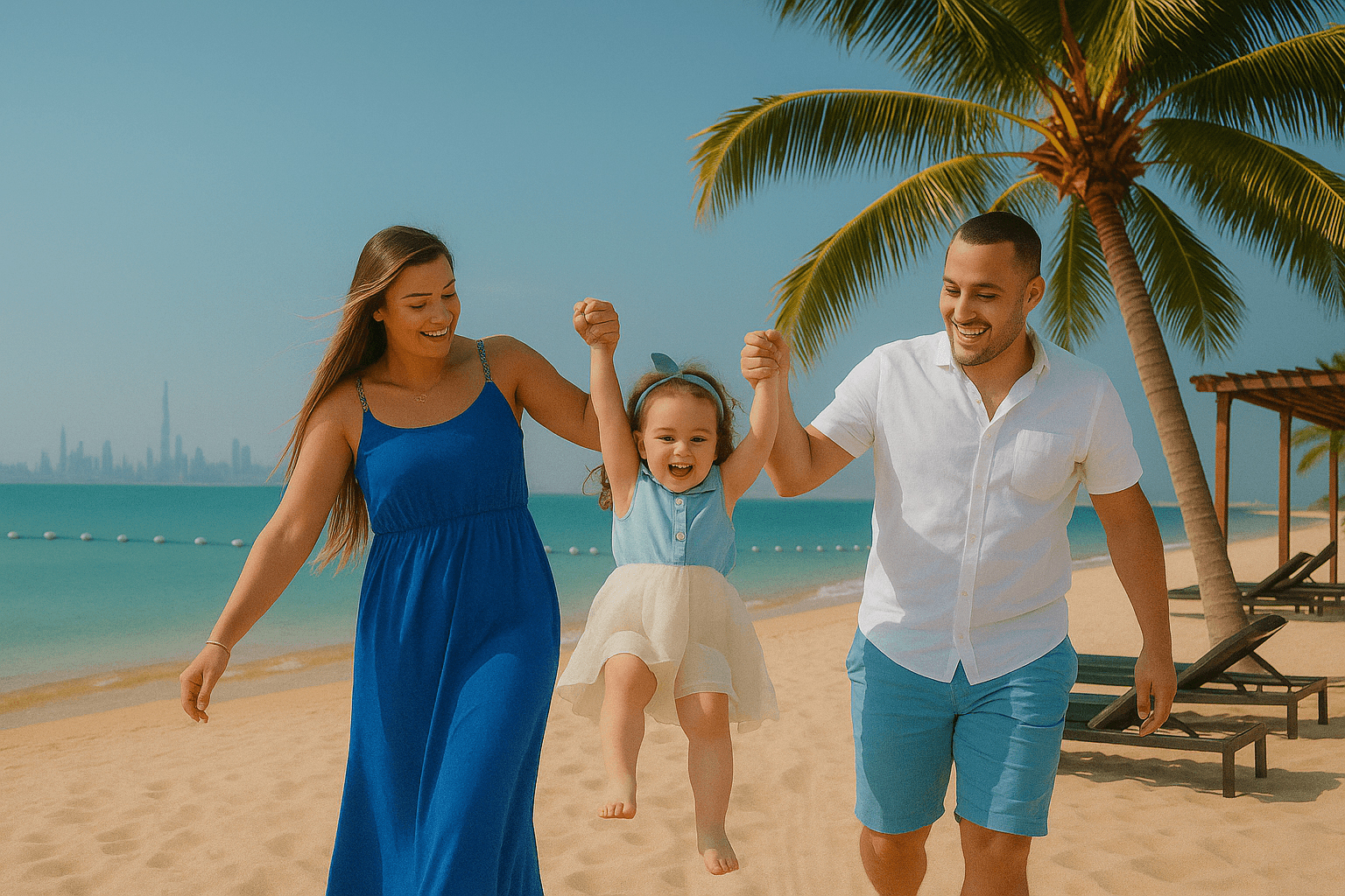 Une famille se promène à Dubai Marina, elle souhaite vivre à Dubaï en famille. 