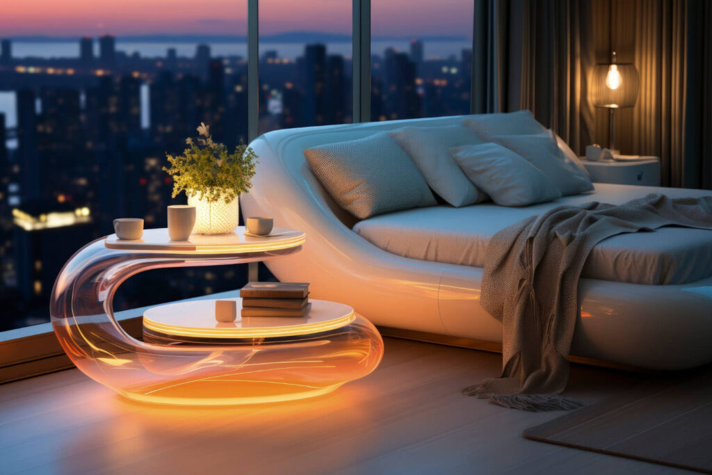 Une jolie chambre moderne éclairée de manière tamisée avec vue sur la ville de Dubaï où l'on conseille sur le fait d'acheter à Dubaï en nom propre ou en société.